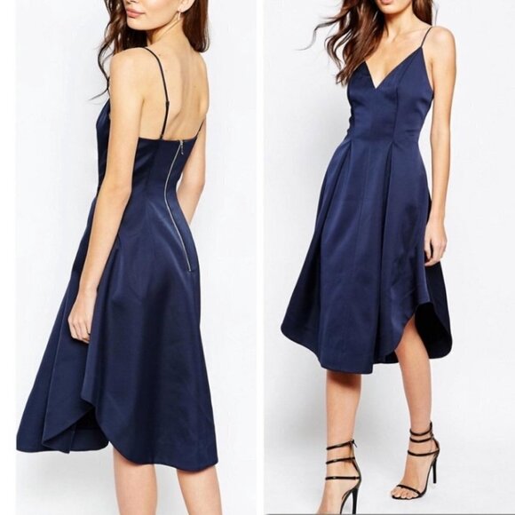 Keepsake Heart Strong Navy Blue Satin Formal Cocktail Party Midi Dress Size M - Picture 2 of 12